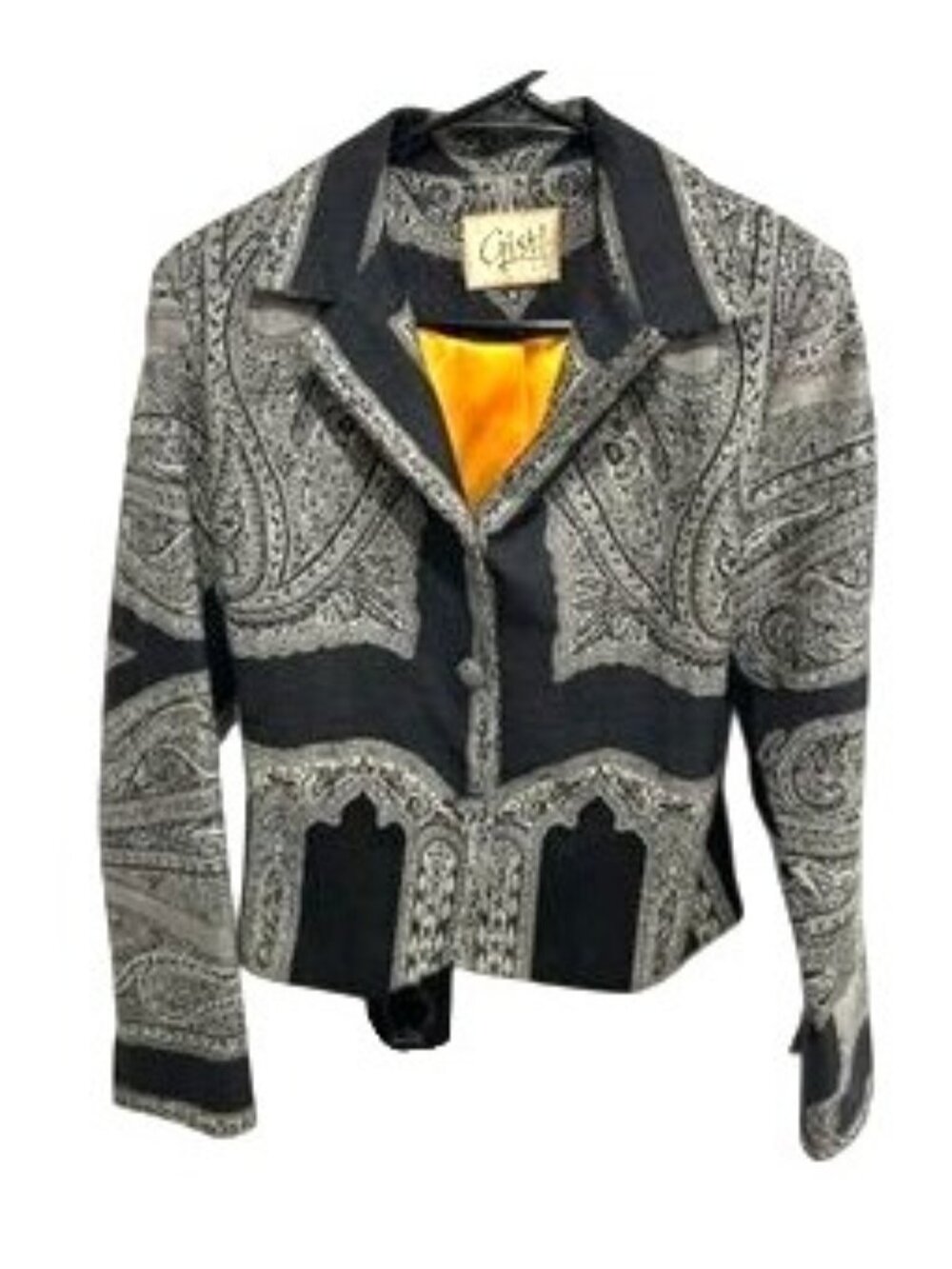 Gist Black Gray Paisley Print Button Up Cropped Jacket Satin Liner Retro Boho